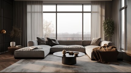 Cozy and Luxurious Living Room with Comfortable Sofa and Large Window