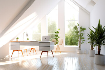 Home office for remote work. White walls with desk and sunlight rays streaming through windows. Bright minimalist interior. Trendy design. Generative Ai content