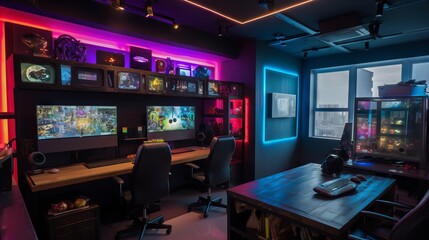Modern Colorful Gaming Studio with rgb lights and gaming chair, generative ai