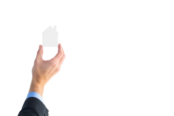 Digital png photo of hand of caucasian businessman holding house on transparent background