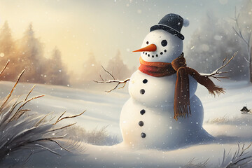 Obraz premium Illustration of a cheerful snowman standing on the snow in a winter forest.