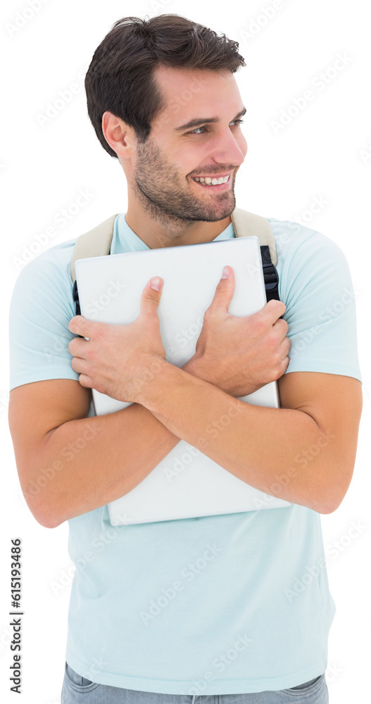 Poster Digital png photo of smiling caucasian businessman pointing holding laptop on transparent background