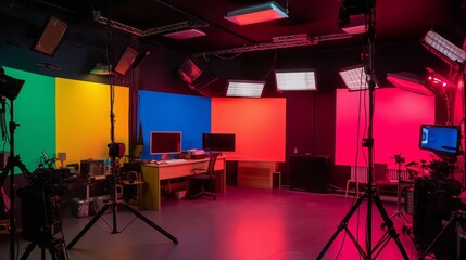 Interior of the colorful filmmaking studio with multiple colorful screens and modern desktop and lights by generative ai