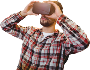 Digital png photo of caucasian businessman using vr headset on transparent background