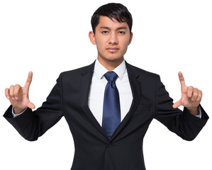 Digital png photo of serious asian businessman pointing with fingers on transparent background