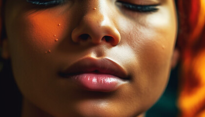 One beautiful young woman, close up portrait, looking sensually at camera generated by AI