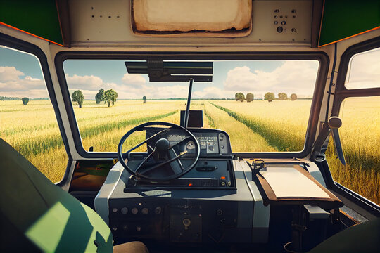 View from the cab of a tractor during harvesting on a collective farm field.