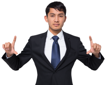 Digital png photo of serious asian businessman pointing with fingers on transparent background