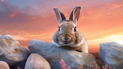 Rabbit laying on top of some rocks near the sunset