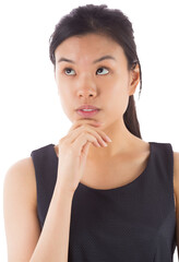 Digital png photo of serious asian businesswoman looking up on transparent background