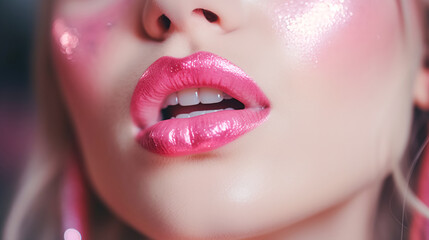 Beautiful full lips with glossy makeup, barbicor style makeup. Pink glitter lipstick. Close-up of sexy natural lips - obrazy, fototapety, plakaty