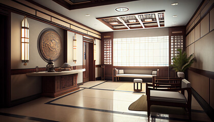 Oriental medicine clinic hall interior, abstract illustration.