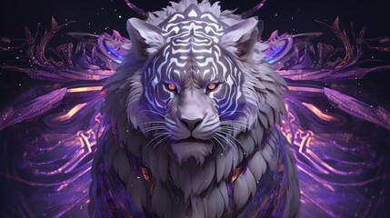 Portrait of a grey tiger in purple with wings