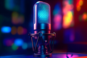 A close-up of a microphone for podcasting or ASMR sounds on black stand in a neon led lighting,...