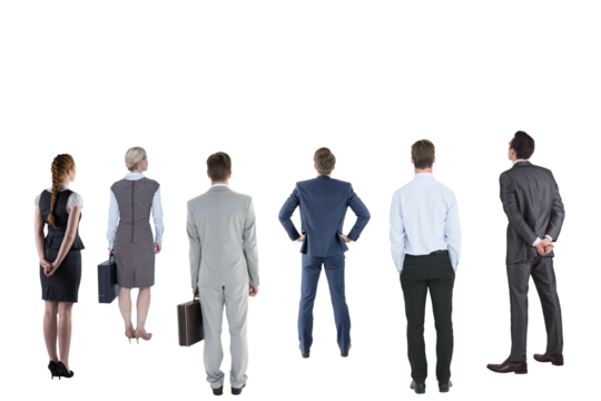 Digital png photo of rear view of business people looking up on transparent background - Powered by Adobe