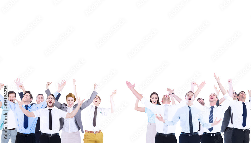 Wall mural Digital png photo of diverse business people cheering and looking up on transparent background