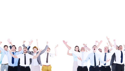 Digital png photo of diverse business people cheering and looking up on transparent background