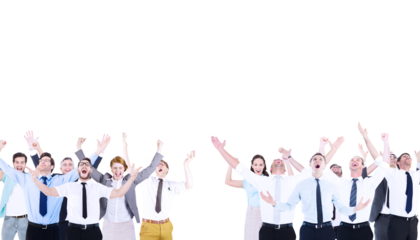 Digital png photo of diverse business people cheering and looking up on transparent background