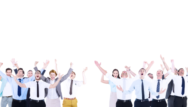 Digital png photo of diverse business people cheering and looking up on transparent background