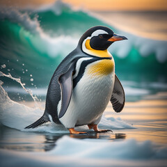Fototapeta na wymiar Penguin on water, sliding on icy waves 