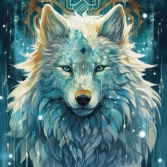 Naklejka premium The blue wolf is sitting with star sky