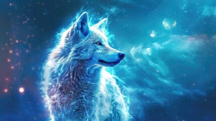 Blue wolf on galaxy night sky