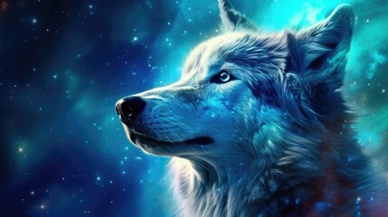 Blue wolf on galaxy night sky