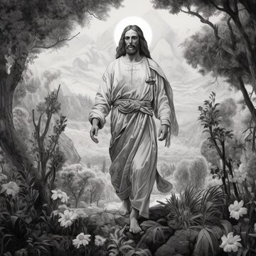 black and white picture of jesus, full body, sketched, with nature in the background including trees, and flowers - Generative AI