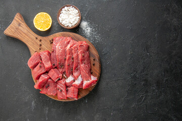 top view raw meat slices on dark background barbecue meal dinner meat salad food animal butcher
