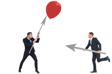 Digital png photo of caucasian businesswomen with arrows and red balloon on transparent background