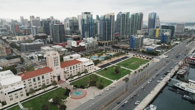 4. Aerial drone footage of Downtown San Diego waterfront, California