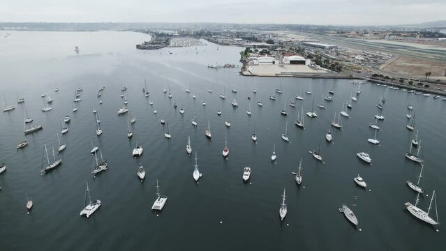 Aerial drone footage of boats in San Diego bay, California