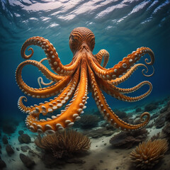 Obraz premium Octopus on water, camouflaging and propelling through the sea 