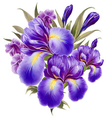 Fototapeta na wymiar A bunch of lilac irises flowers with green leaves on a transparent background Generative AI