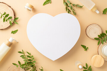 Fototapeta na wymiar Herbal cosmetics concept. Above view photo of empty heart shape surrounded by cosmetic products, eucalyptus and fern foliage and wooden stands on isolated beige background with copyspace