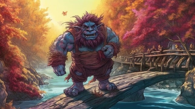 A troll guarding a bridge over a river . Fantasy concept , Illustration painting.