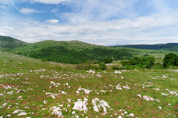 View over the hilly landscape of the Croatian Coastal Mountains.