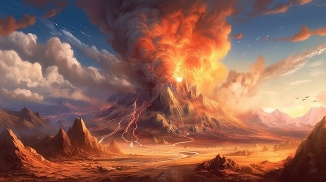 A volcanic eruption in a barren wasteland . Fantasy concept , Illustration painting.
