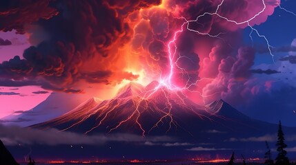 A volcanic eruption with lightning in the ash cloud . Fantasy concept , Illustration painting.