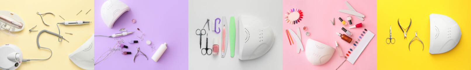 Collage of supplies for manicure on color background
