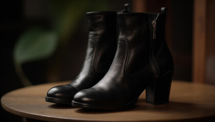 A shiny black leather pair of boots, modern elegance generated by AI