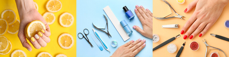 Collage of female hands with stylish manicure and supplies on color background