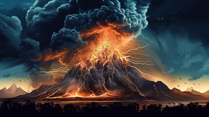 A volcanic eruption with lightning in the ash cloud . Fantasy concept , Illustration painting.