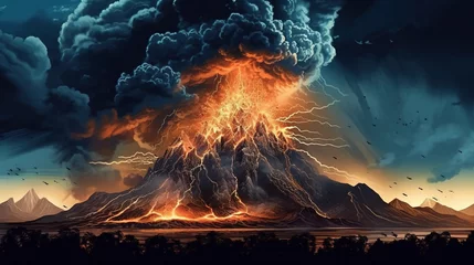 Foto auf Alu-Dibond A volcanic eruption with lightning in the ash cloud . Fantasy concept , Illustration painting. © X-Poser