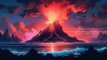A volcanic island with lava flowing into the ocean . Fantasy concept , Illustration painting. - obrazy, fototapety, plakaty