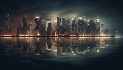 Fototapeta premium Modern city skyline glows with multi colored lights at night generated by AI