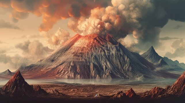 A volcanic mountain with smoke rising from the crater . Fantasy concept , Illustration painting.