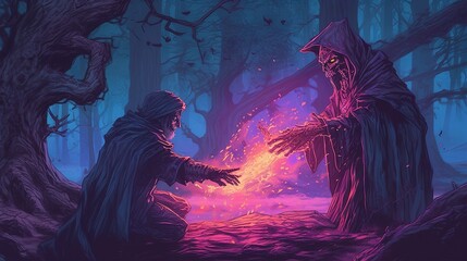 A warlock making a pact with a dark entity in a mysterious ritual . Fantasy concept , Illustration painting.