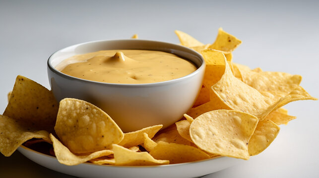 Close up shot of a bowl cheese queso and chips against a white background