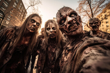 Group of walking dead zombies in city taking selfie